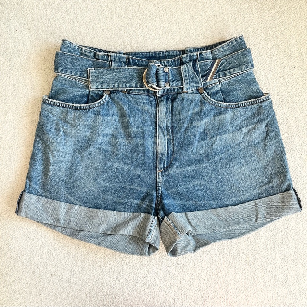 JEAN ATELIER Belted Cinch Waist Denim Roll Cuff Shorts Rio Blue